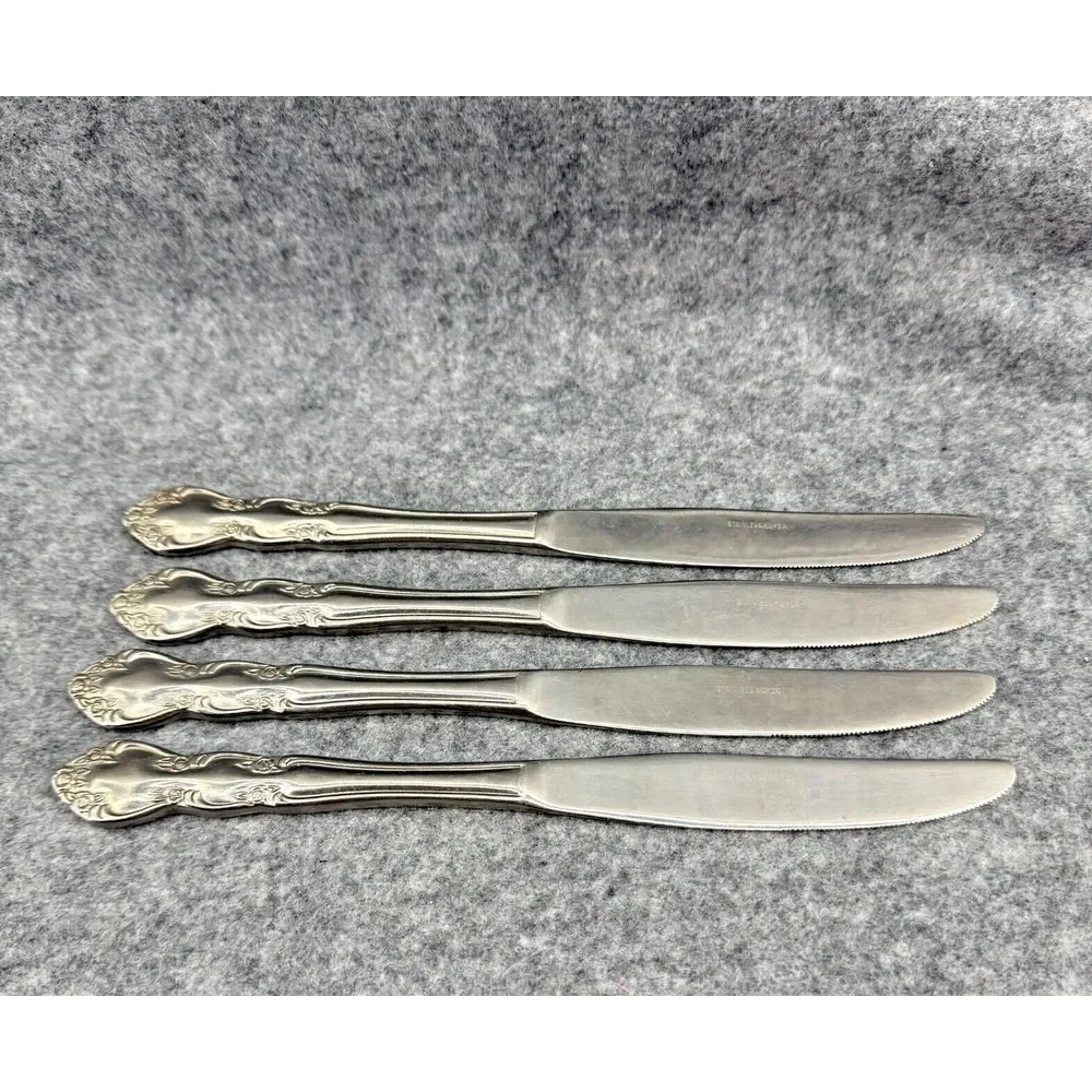 Stainless Korea Dinner‎ Knives Rose Pattern Set of 4 Flatware Replacements